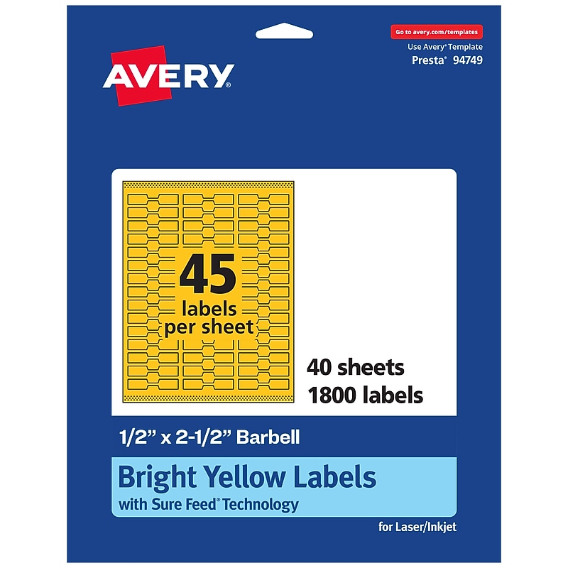 Avery Laser/Inkjet Barbell Multipurpose Labels, 0.5" x 2.5", Bright Yellow, 1800/Pack (94749) image 1