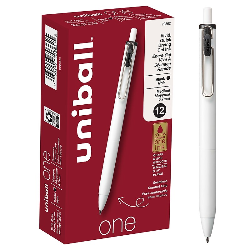 uni-ball one Retractable Gel Pens, Medium Point, 0.7mm, Black Ink, Dozen (70362) image 1