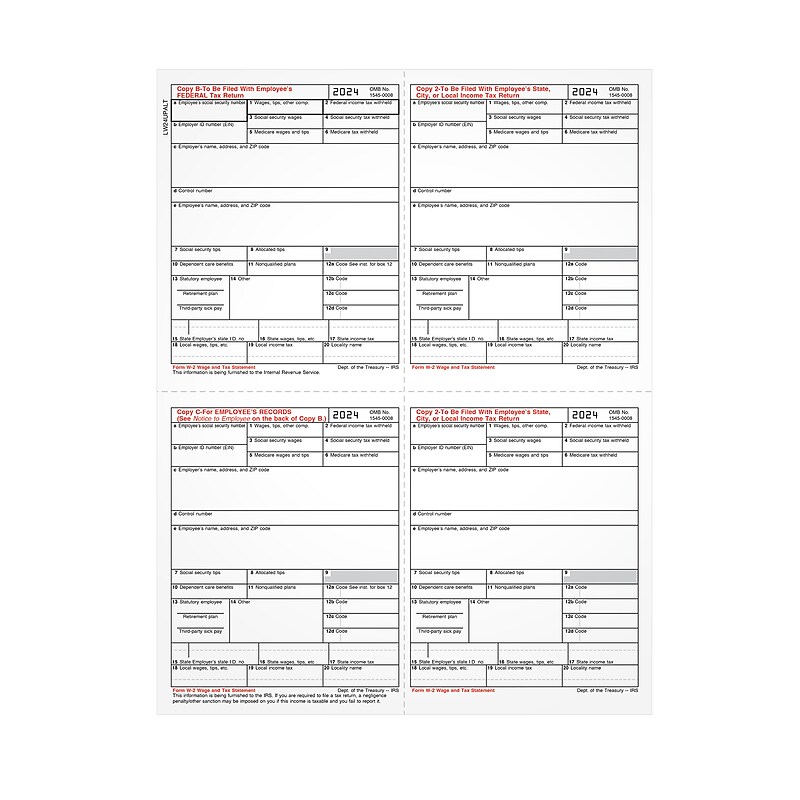 Adams 2024 W-2 4-up Employee Copy Cut Sheet, 100 sheets/pack (LW24UPALT100) image 1