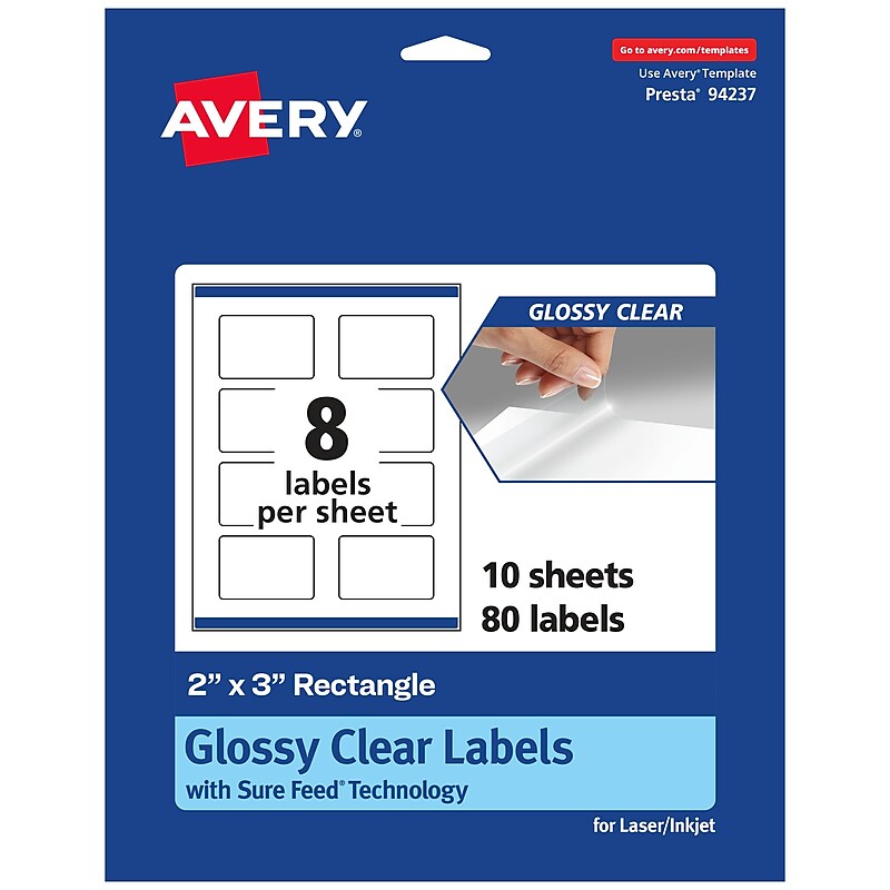Avery Laser/Inkjet Rectangle Glossy Labels, 2" x 3", Clear, 80 Labels/Pack (94237) image 1