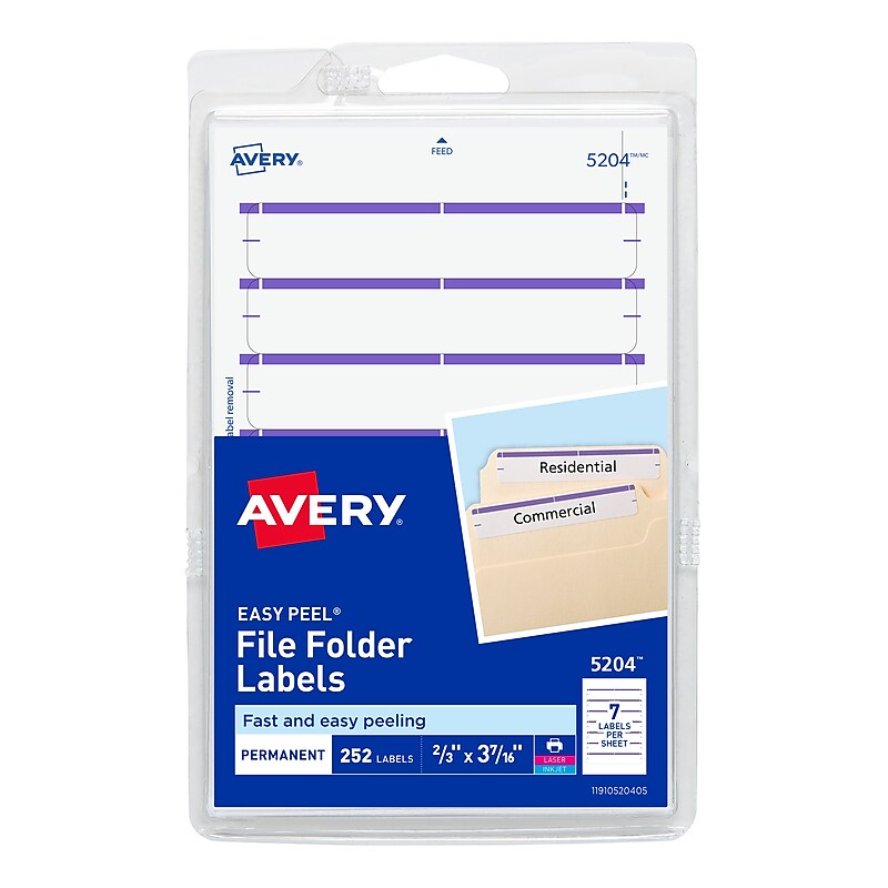 Avery Easy Peel Laser/Inkjet File Folder Labels on 4" x 6" Sheets, 2/3" x 3-7/16", White/Purple, 252 Labels/Pack (5204) image 1