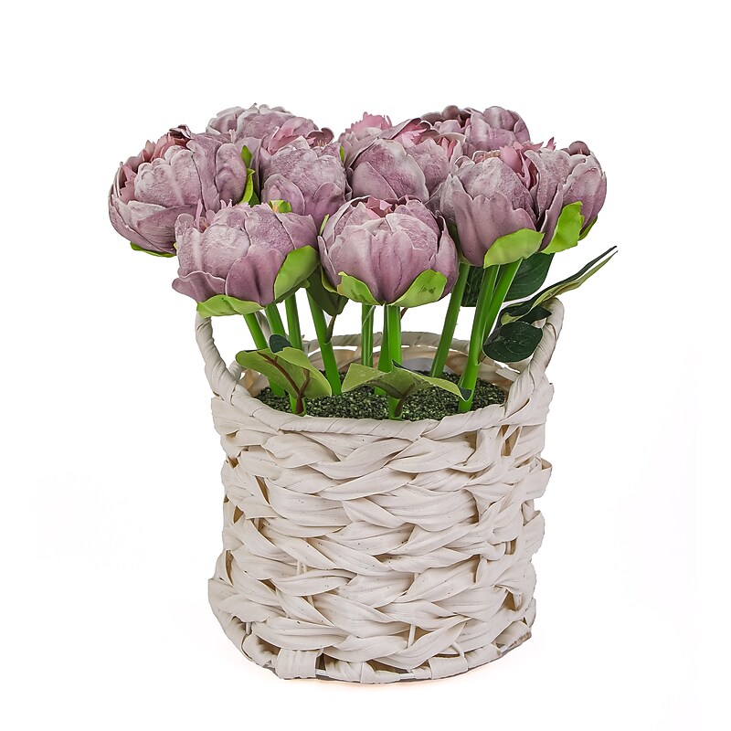 National Tree Company 10" Light Purple Peony Flower Bouquet in White Basket (MT81-6126GPRM-1) image 1