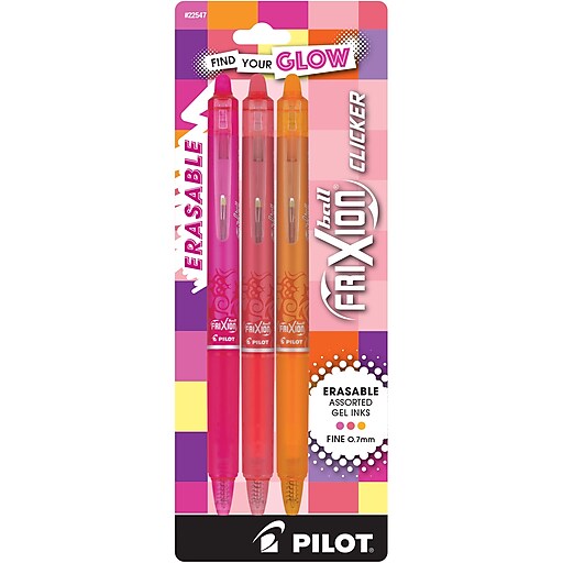 Pilot FriXion Clicker Vibe Erasable Gel Pens, Fine Point, 0.7mm, Assorted Ink, 3/Pack (22547)