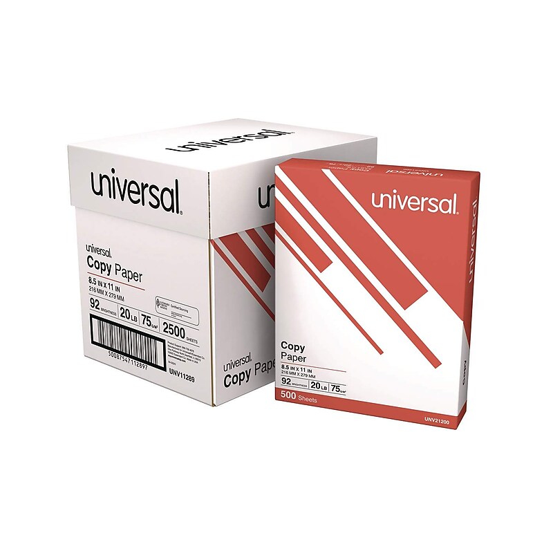 Universal 8.5” x 11” Copy Paper, 20lbs, 92 Brightness, White, 500 Sheets/Ream, 5 Reams/Carton (UNV11289) image 1