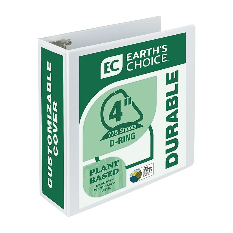 Samsill Earth's Choice Plant-Based Durable 4" View Binders, D-Ring, Made in USA, White (SAM16997) image 1