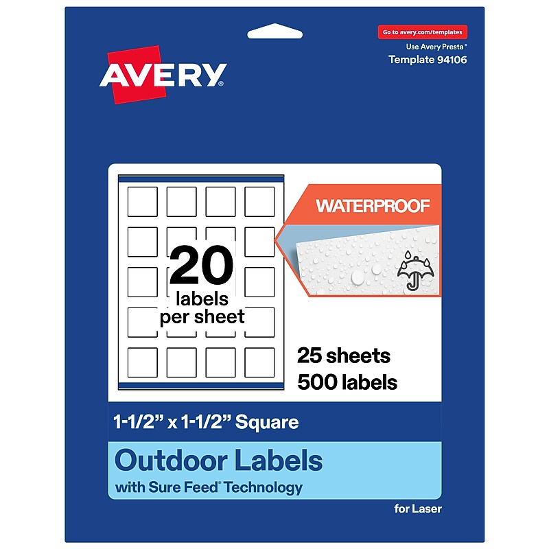 Avery Waterproof Square Laser Multipurpose Labels, 1.5" x 1.5", White, 500/Pack (19479399481) image 1