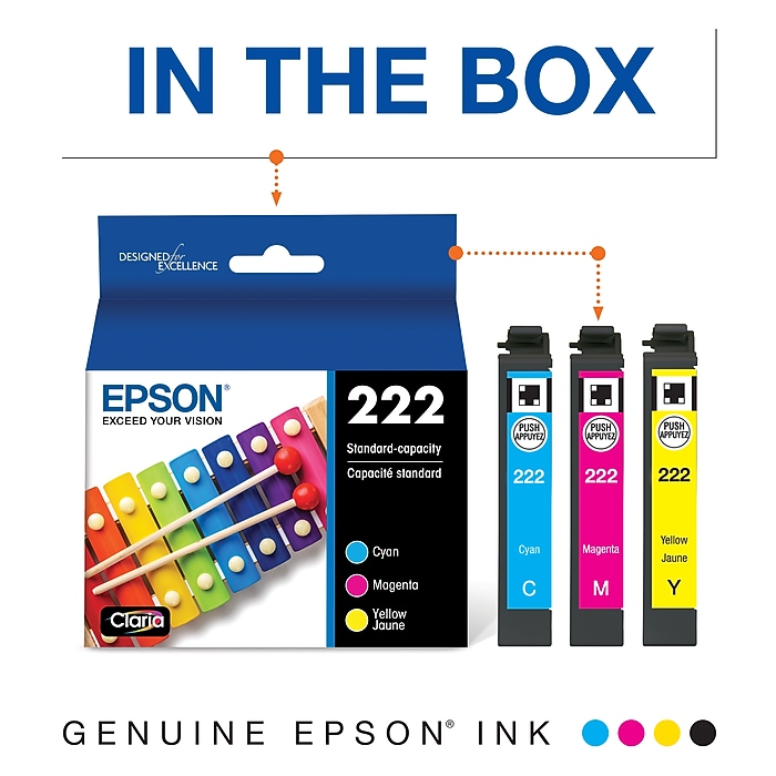 Epson 222 Cyan/Magenta/Yellow Standard Yield Ink Cartridges, 3