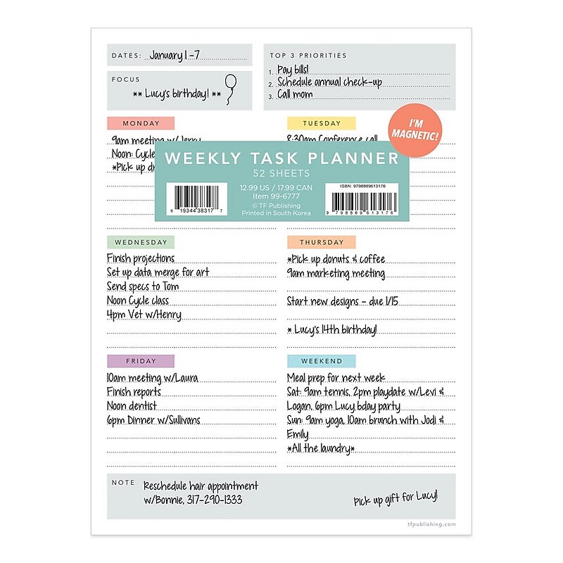 TF Publishing WeeklyTask Pad 6" x 8" Weekly Planner, Paperboard Cover, Multicolored (99-6777) image 1
