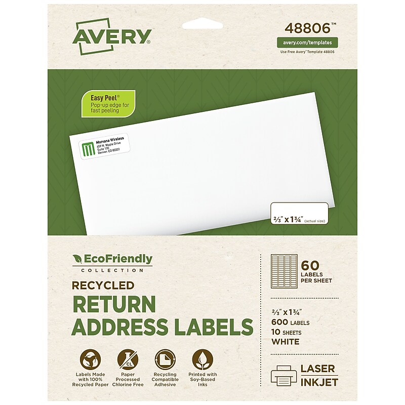 Avery EcoFriendly Laser/Inkjet Address Labels, 2/3" x 1-3/4", Matte White, 600 Labels/Pack (48806) image 1