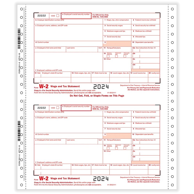 ComplyRight 2024 W-2 Tax Form, 6-Part, 2-Up, Employer Copy A, 1/D, B, C, 2, 1/D, 25/Pack (9811625) image 1