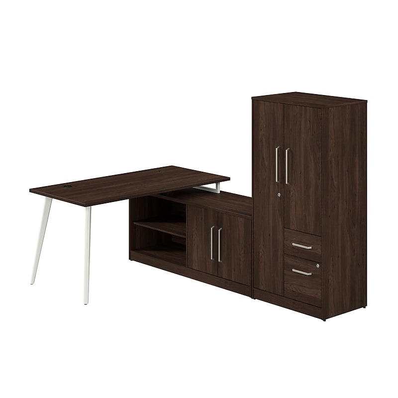 Bush Business Furniture Vista 60"W L Shaped Desk with Low Storage Cabinet and Wardrobe, Black Walnut (VST010BW) image 1