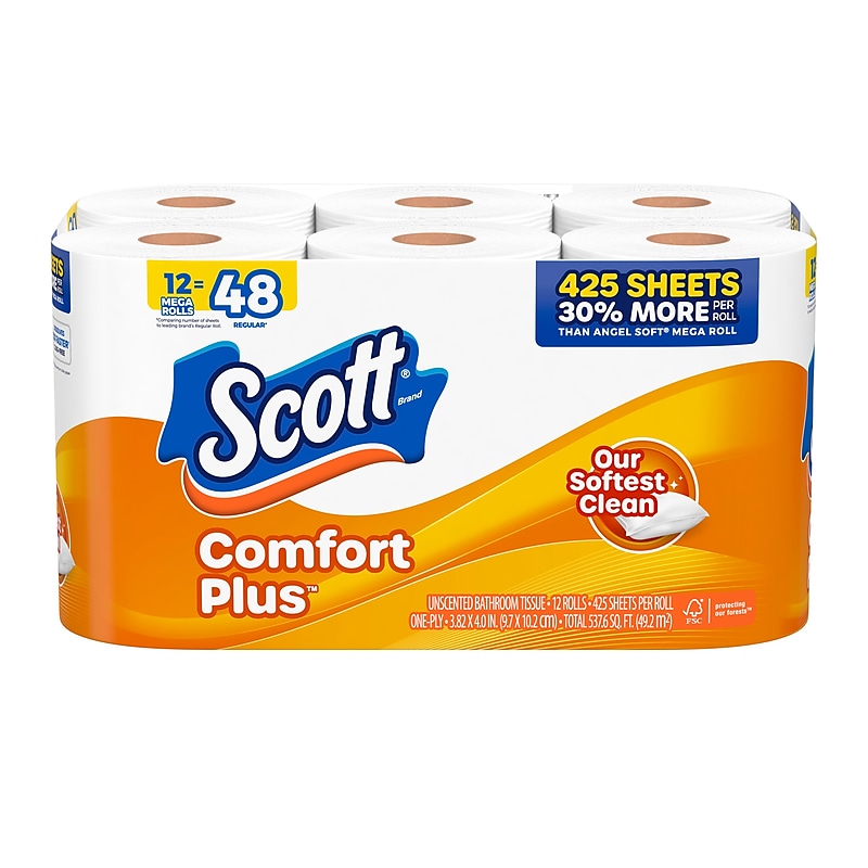 Scott ComfortPlus Mega Rolls 1-Ply Standard Toilet Paper, White, 462 Sheets/Roll, 12 Rolls/Case (47631) image 1