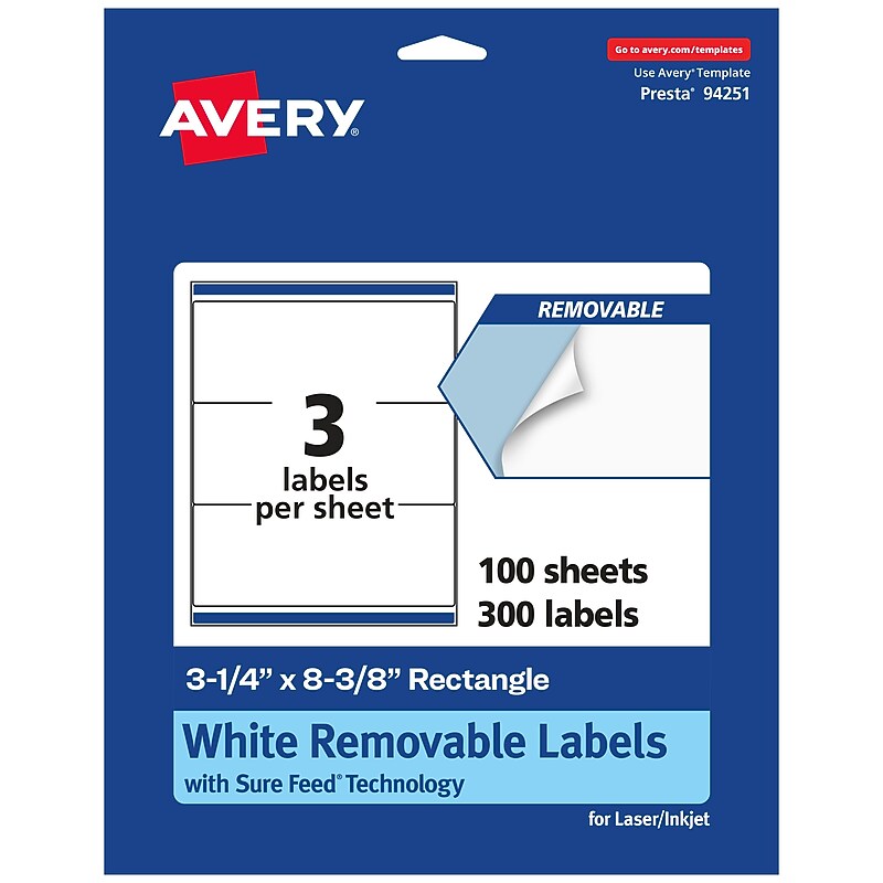 Avery Laser/Inkjet Rectangle Multipurpose Labels, 3-1/4" x 8-3/8", White, 300 Labels/Box (94251) image 1