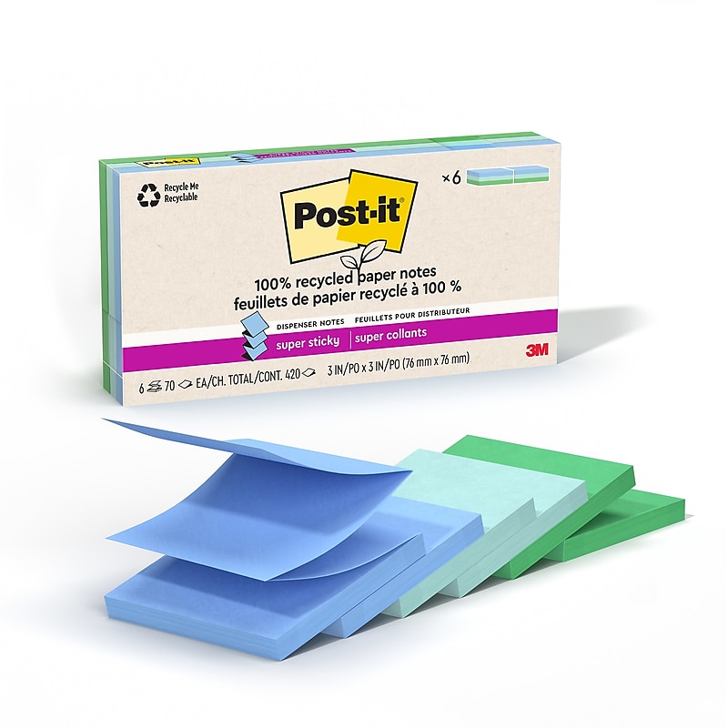 Post-it Oasis Recycled Pop-up Super Sticky Notes, 3" x 3", Oasis Collection, 70 Sheets/Pad, 6 Pads/Pack (R330R-6SST) image 1