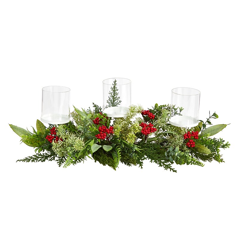 Nearly Natural Artificial Holiday Winter Greenery and Berries Triple Candle Holder Christmas Table Arrangement, 20" (A1866) image 1