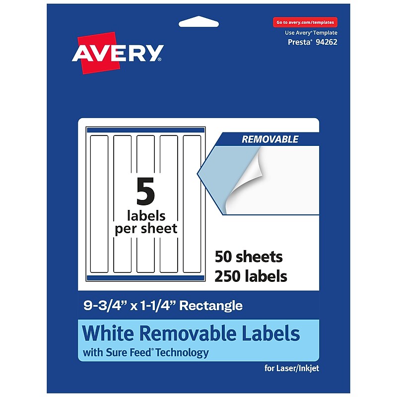 Avery Laser/Inkjet Rectangle Multipurpose Labels, 9.75" x 1.25", White, 250 Labels/Box (94262) image 1