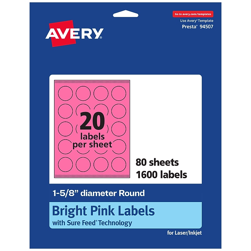 Avery Round Laser/Inkjet Multipurpose Labels, 1-5/8" Dia, Bright Pink (1600/Box) image 1