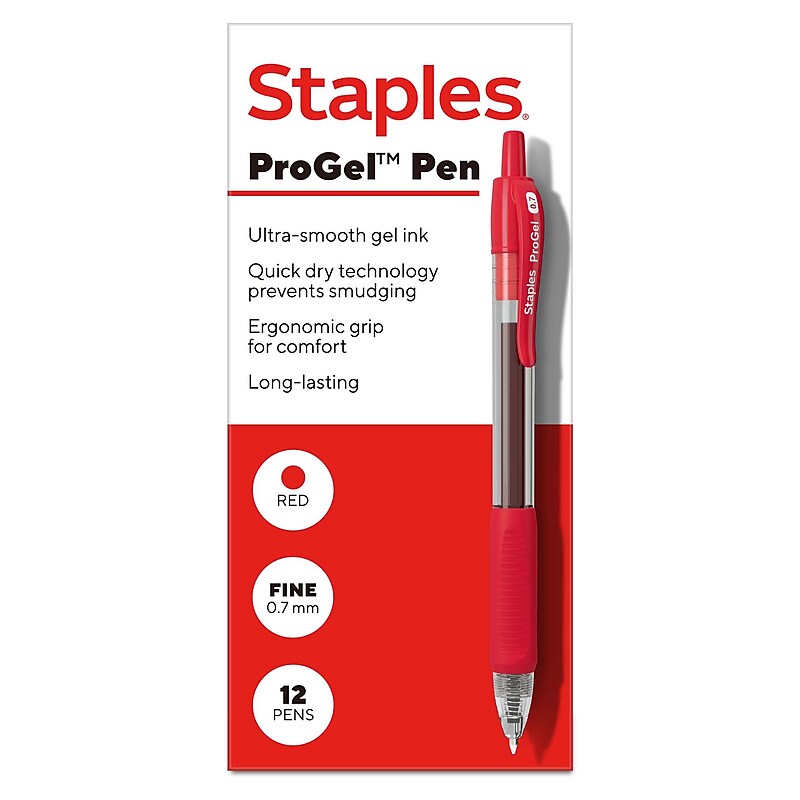 Staples ProGel™ Retractable Gel Pen, Fine Point, 0.7mm, Red Ink, Dozen (ST62585) image 1