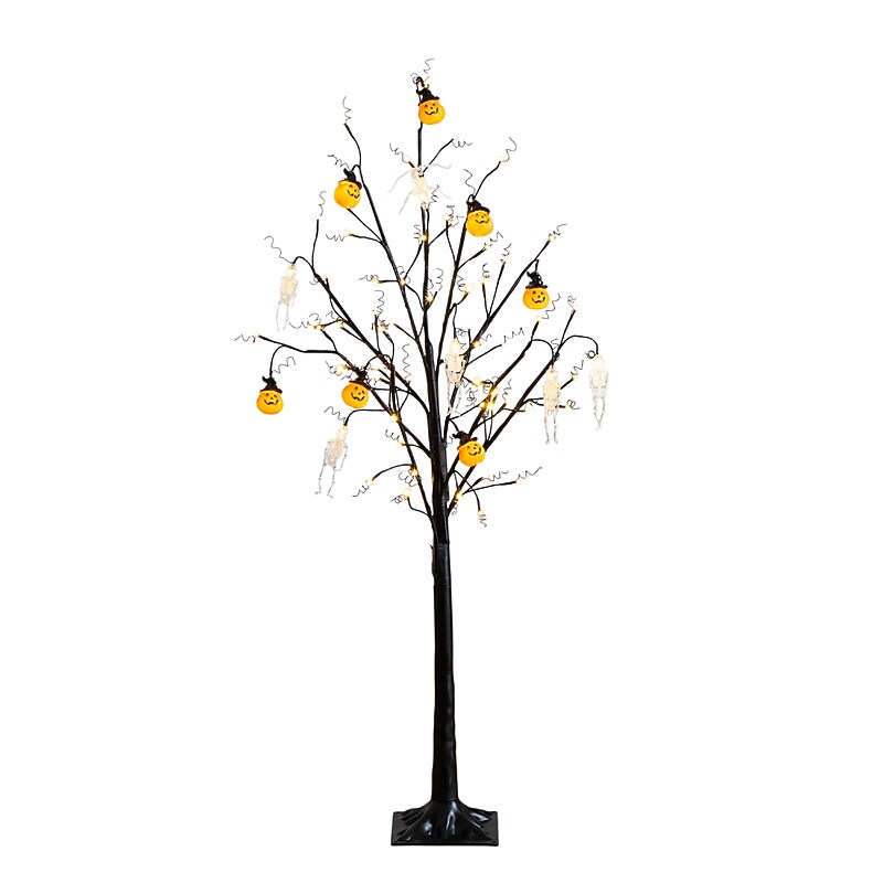 Nearly Natural Pre-Lit Artificial Halloween Pumpkins and Skulls Ornament Tree, 5' (T5365) image 1