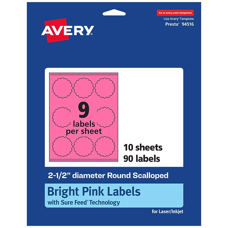 Avery Round Scalloped Laser/Inkjet Multipurpose Labels, 2.5" Dia, Bright Pink (90/Pack) image 1