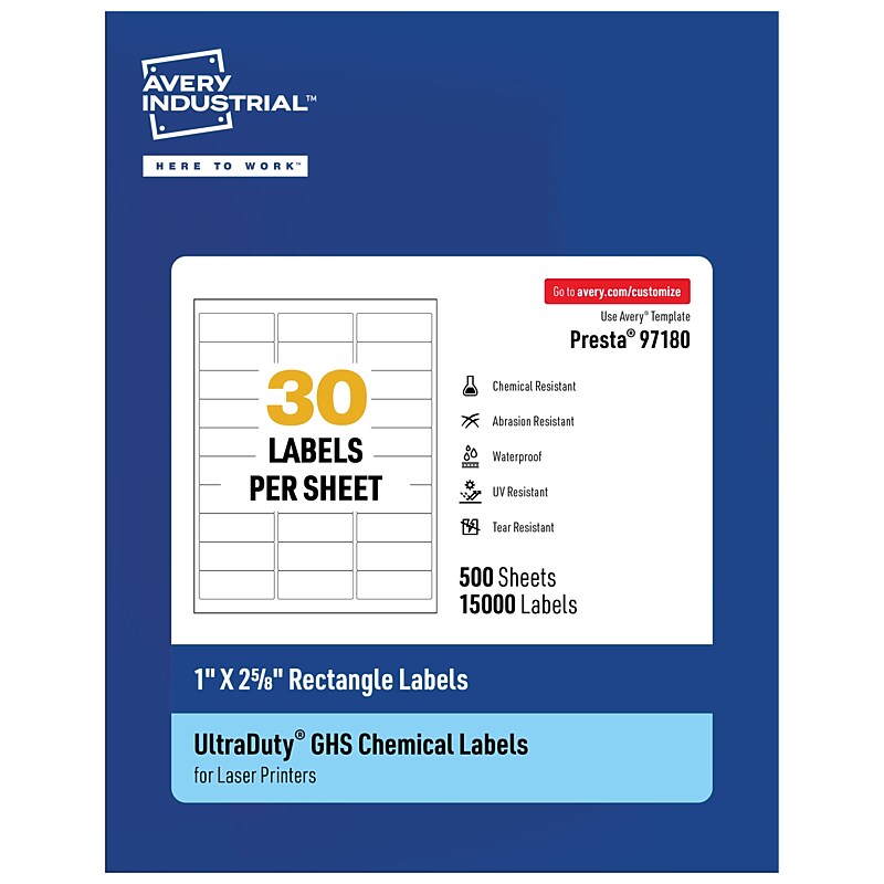 Avery UltraDuty GHS Rectangle Multipurpose Labels, 1" x 2-5/8", White, 15000/Box (97180) image 1