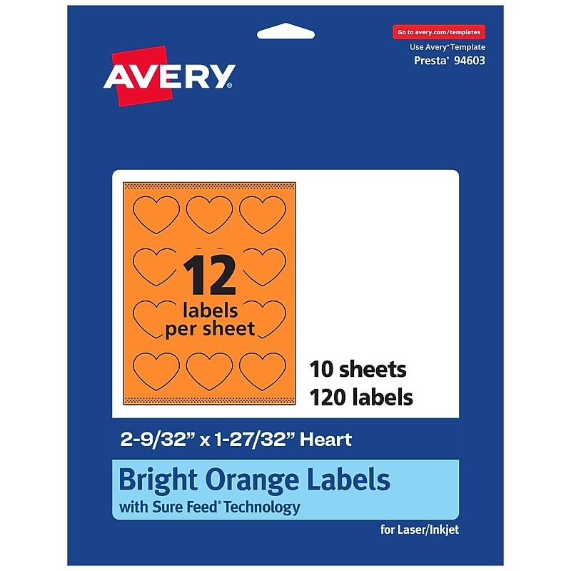 Avery Heart Shaped Multipurpose Labels, 2-9/32" x 1-27/32", Bright Orange, 120/Pack (94603) image 1