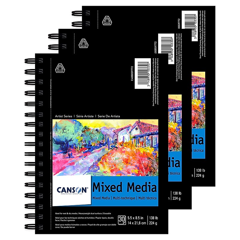 Canson Artist Series 5.5" x 8.5" Wire Bound Mixed Media Sketch Pad, 30 Sheets/Pad, 3/Bundle (MCXC40005977206-3) image 1