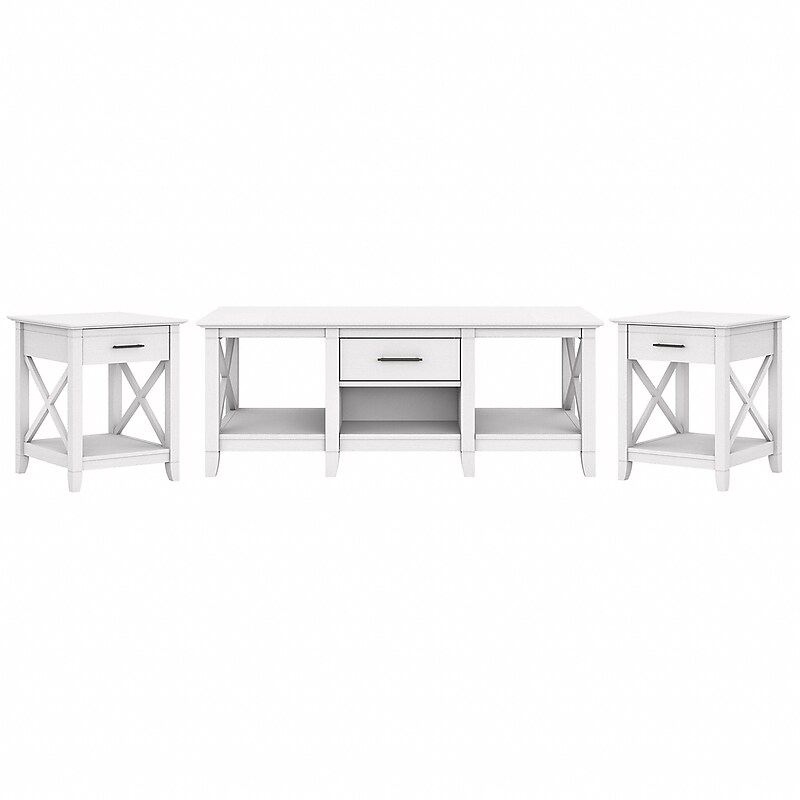 Bush Furniture Key West 47" x 24" Coffee Table with 2 End Tables, Pure White Oak (KWS023WT) image 1