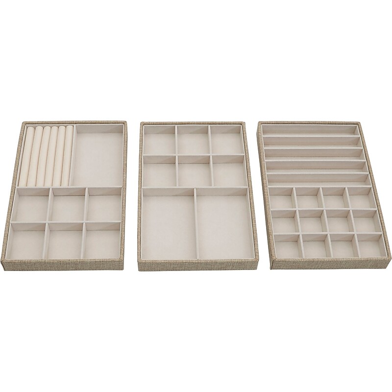 Household Essentials 17-/8-/13-Compartment Cardboard/Poly Linen/Nonwoven PP Jewelry Drawer Organizers, Latte, 3/Set (742-1) image 1