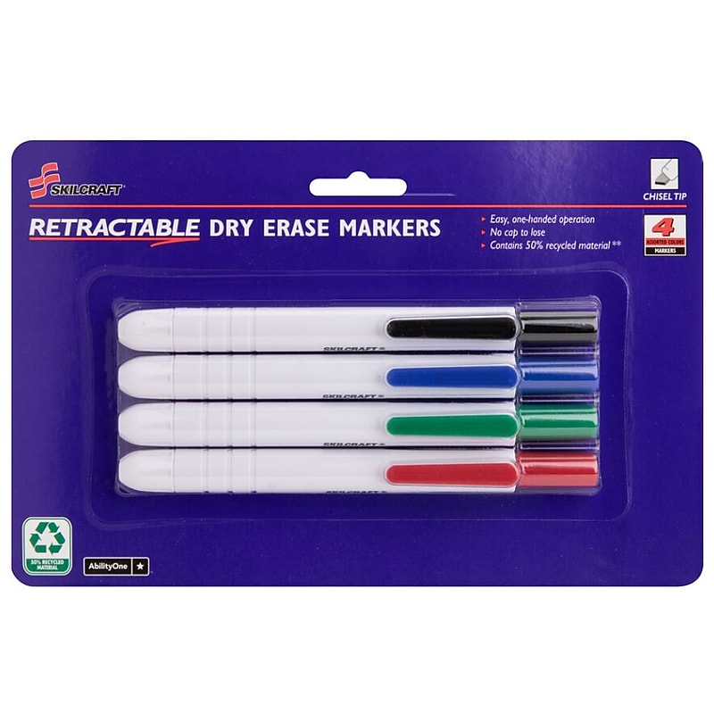 AbilityOne SKILCRAFT Dry Erase Markers, Retractable Chisel Tip, Assorted Marker Colors, Set of 4 (7520015195769) image 1