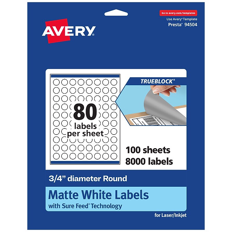 Avery TrueBlock Laser/Inkjet Circle Multipurpose Labels, 0.75" Dia., White, 8000/Box (94504) image 1