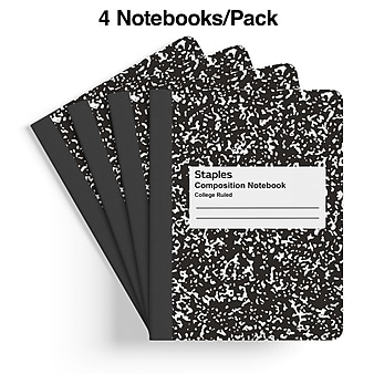 Staples® Composition Notebooks, 7.5" x 9.75", College Ruled, 100 Sheets, Black/White Marble, 4/Pack (ST58371)