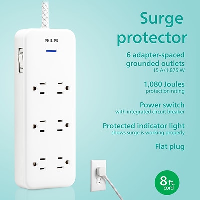 Philips Adapt 6-Outlet Adapter-Spaced Surge Protector, 1080J, 8 ft. Braided Cord, White (SPC6066WB/37-T2) Sansujyuku sansujyuku.com