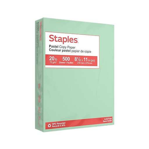 Staples Pastel 30% Recycled Color Copy Paper, 20 lbs., 8.5 x 11, Green,  500/Ream (14781)