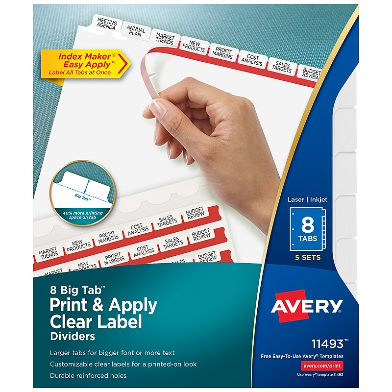 Avery Big Tab Print & Apply Label Blank Dividers, 8-Tab, Clear, 5/Set (11493) image 1