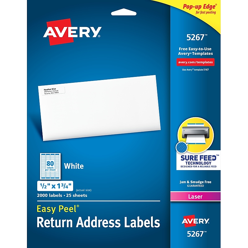 Avery Easy Peel Laser Return Address Labels, 1/2" x 1-3/4", White, 2,000 Labels/Pack (5267) image 1