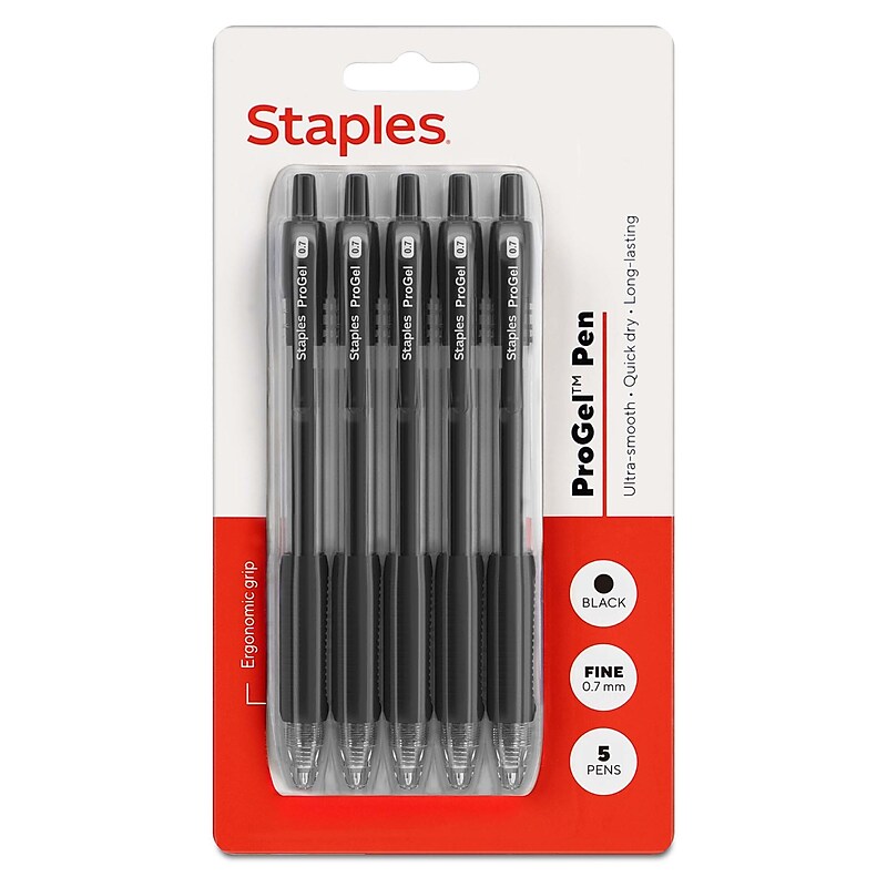Staples ProGel™ Retractable Gel Pen, Fine Point, 0.7mm, Black Ink, 5/Pack (ST62098) image 1