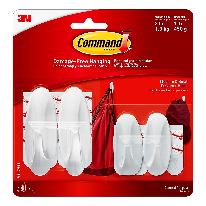 Command Assorted Hooks, 3 lb., White, 2-Small Command Hooks, 2-Medium Command Hooks, 2-Pairs (17081-2VPES) image 1
