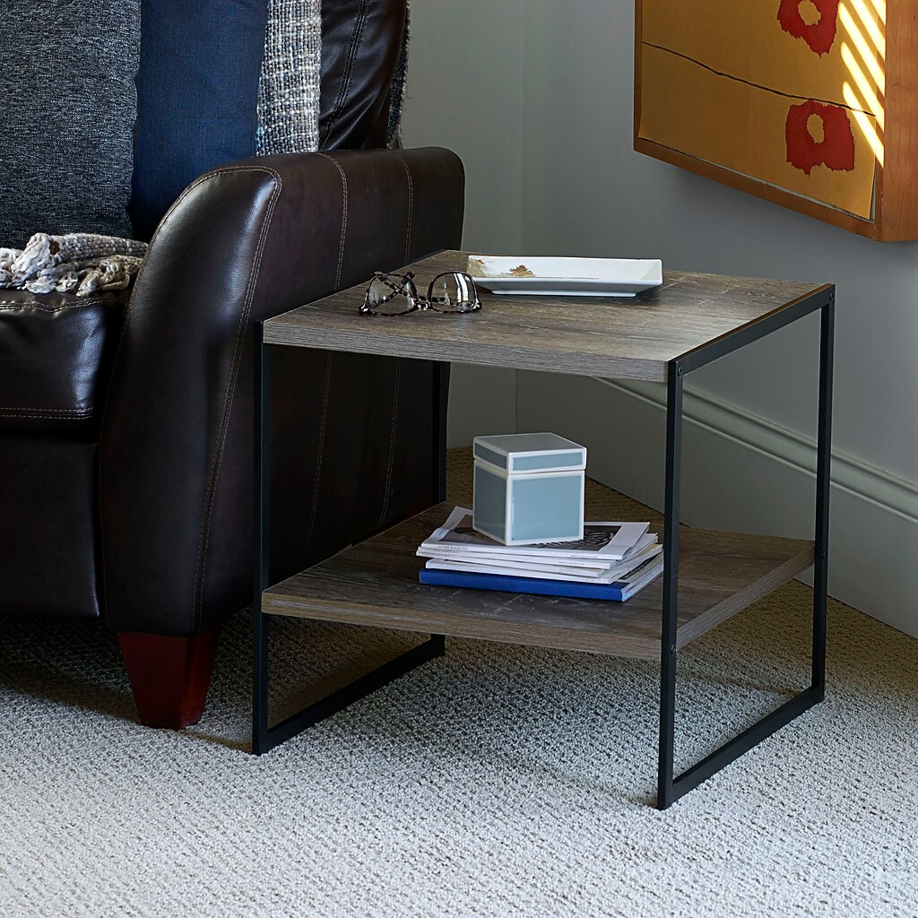 Side table next to couch with decor