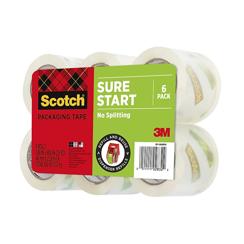 Scotch Sure Start Packing Tape, 1.88" x 25 yds., Clear, 6/Pack (DP1000RF6) image 1