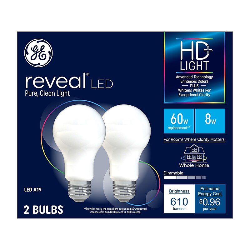 GE Reveal 8 Watt Warm White LED General-Purpose Bulb, 2/Pack (93129441) image 1