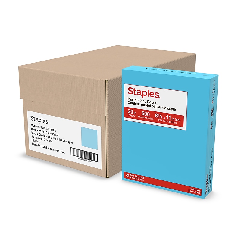 Staples Pastel 30% Recycled 8.5" x 11" Color Copy Paper, 20 Lbs., Blue, 5000 Sheets/Carton (14786-AA) image 1
