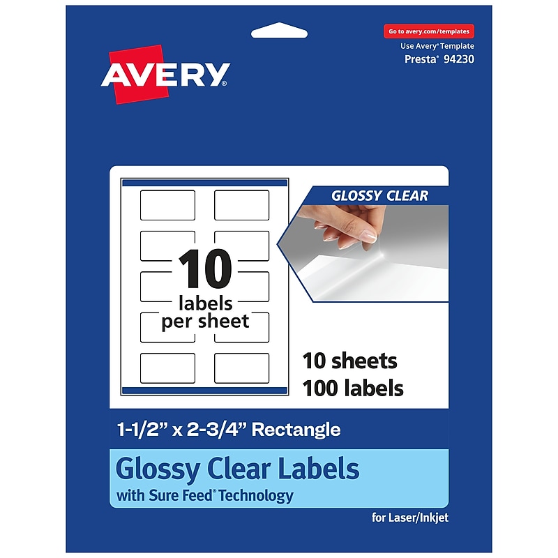 Avery Laser/Inkjet Rectangle Glossy Clear Labels, 1.5" x 2.75", Glossy Clear, 100 Labels/Pack (94230) image 1