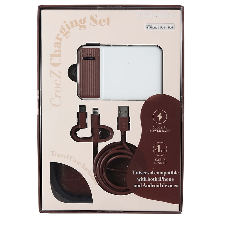 Incipio Slim USB-C Portable Magnetic 3 in 1 Power Bank,  4 ft. USB-A/C Cable, Travel Case, White/Brown (V90097-CRBRN) image 1