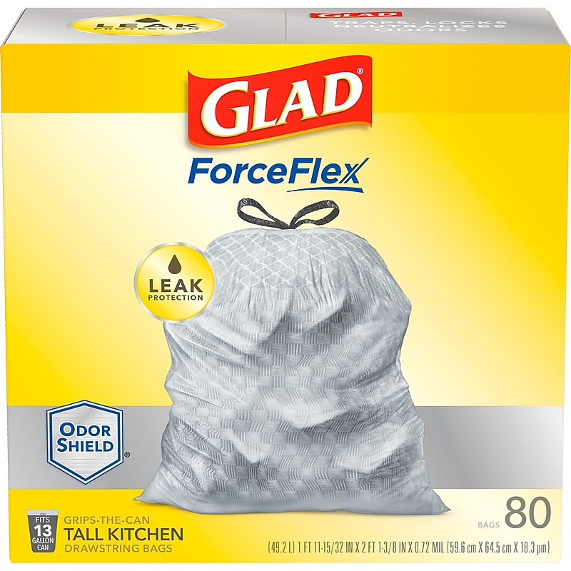 Glad ForceFlex 13-Gallon Scented Kitchen Trash Bag, 0.72 mil, Gain Original, White, 80 Bags/Box (79009) image 1