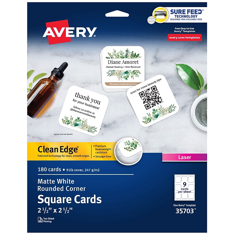 Avery Clean Edge Laser Square Cards with Rounded Corners, 2 1/2" x 2 1/2", White, 20 Sheets/Pack, 180 Cards/Pack (35703) image 1
