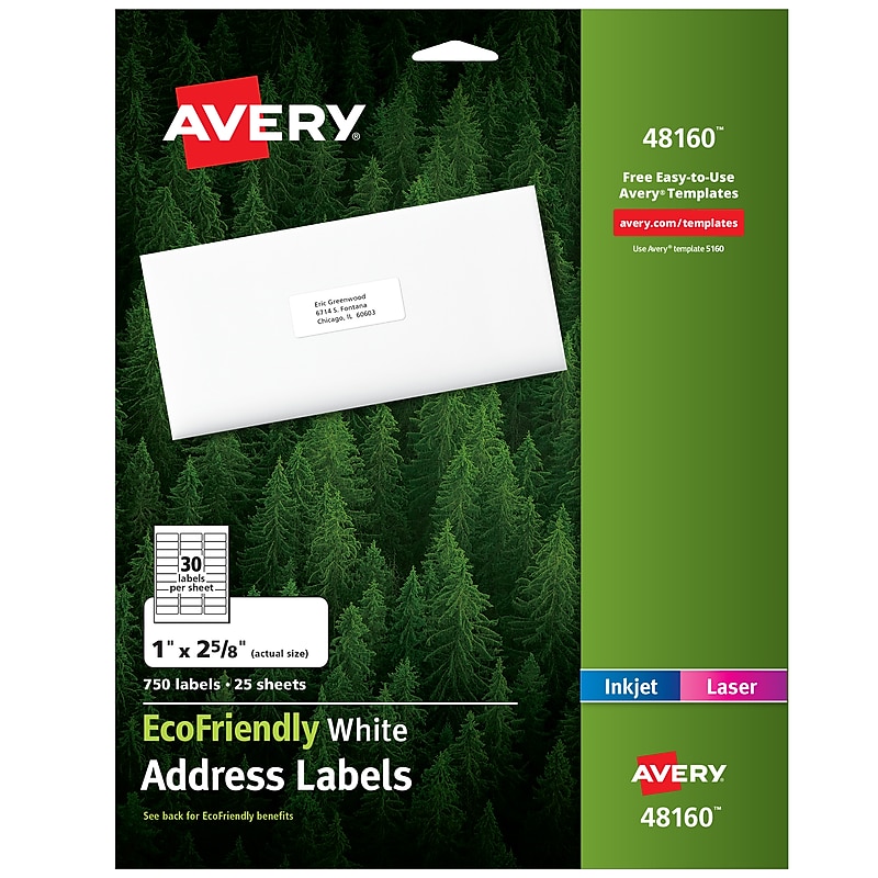 Avery EcoFriendly Laser/Inkjet Address Labels, 1" x 2-5/8", White, 750 Labels/Pack (48160) image 1