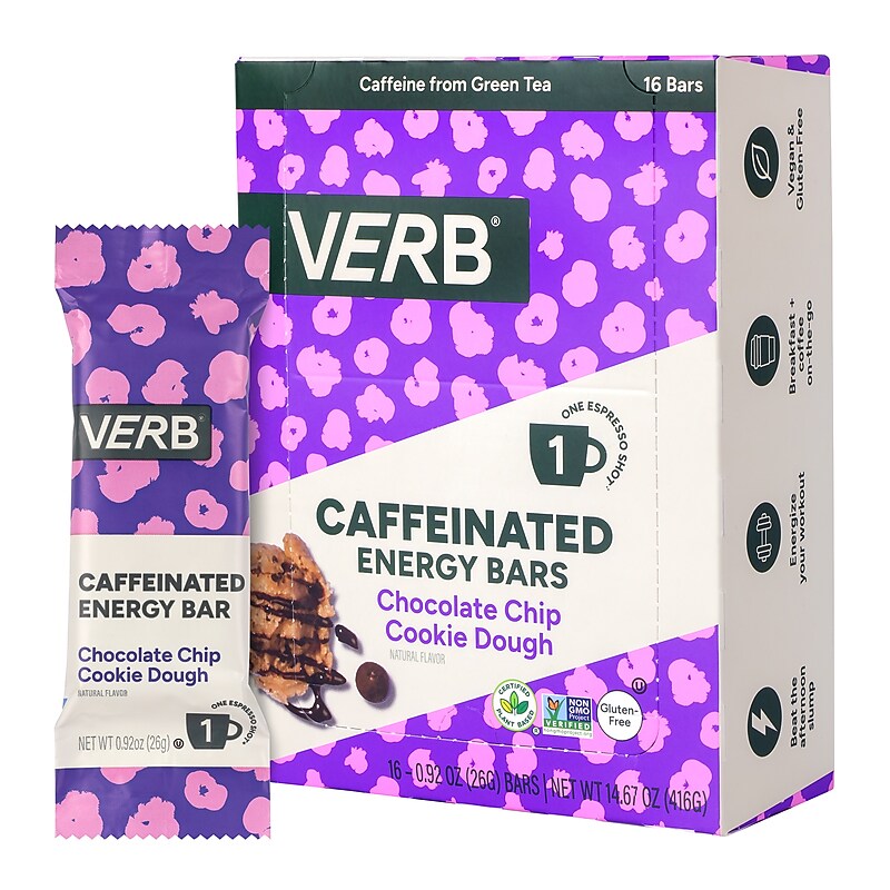 VERB Caffeinated Gluten Free Chocolate Chip Cookie Dough Energy Bar, 0.92 oz., 16/Pack (220-02525) image 1