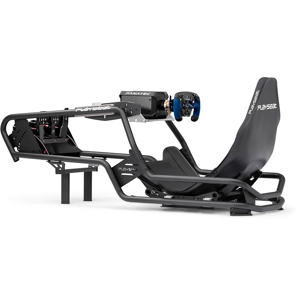 Playseat cockpit with wheel and motion accessories