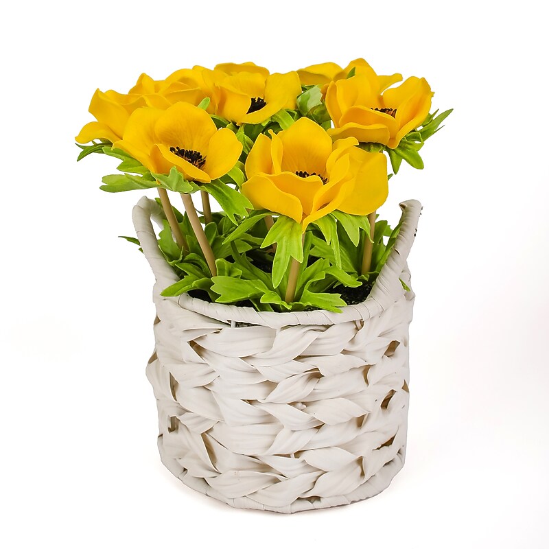 National Tree Company 10" Yellow Anemone Flower Bouquet in White Basket (MT81-01626GYW-1) image 1